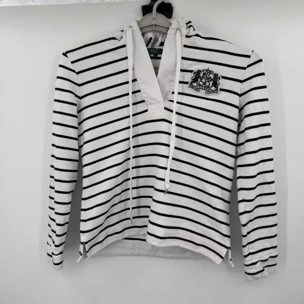 Lauren Ralph Lauren Womens Striped Crest Hoodie Nautical White Black Size M